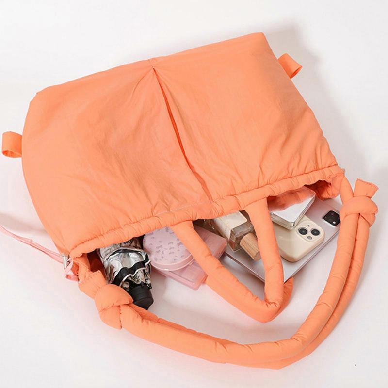 Women Puffer Backpack Solid Color Shoulder Bag with Adjustable Strap Simple Crossbody Bag Large Capacity Handbag White