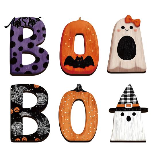 Freestanding Wood BOO Block Set Halloween Wooden Ornaments, Lettering Decorations, Rustic Bat Pumpkin Ghost Playful Desktop Decorations Table