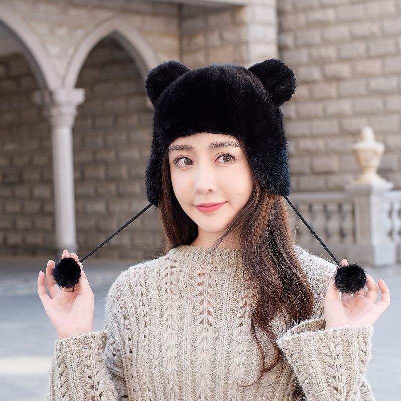 

Новая норковая шапка женская милая с кошачьими ушками с защитой ушей меховая шапка осенне-зимняя трендовая норковая шапка чёрный