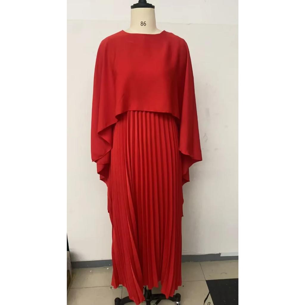 Spring Summer Elegant Crew Neck Pleated Dresses Women Casual Solid Loose Long Dress Cloak Sleeves Ruffle Maxi Dress Vestidos