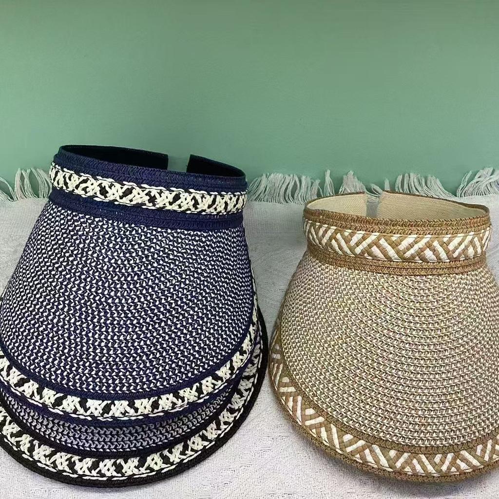 Empty Straw Hat Women's Summer Seaside Headband Type Roofless Sun Hat UV Protection Sunshade Sunscreen Hat Shows Small Face