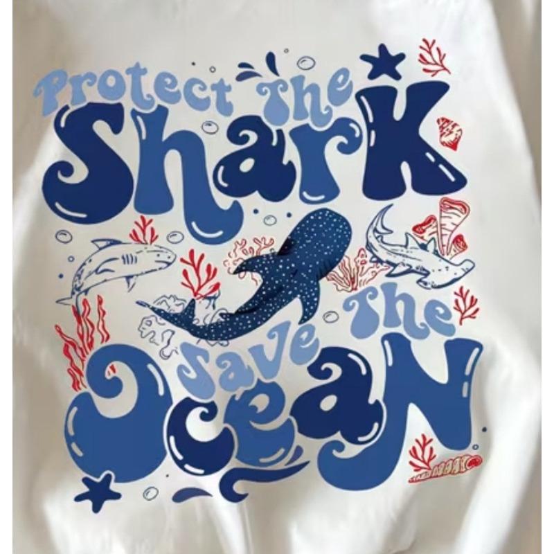 Kids Crewneck T-Shirt, Sharks Save The Ocean Shark Coral Print Soft Comfort Short Sleeve Trendy Tee
