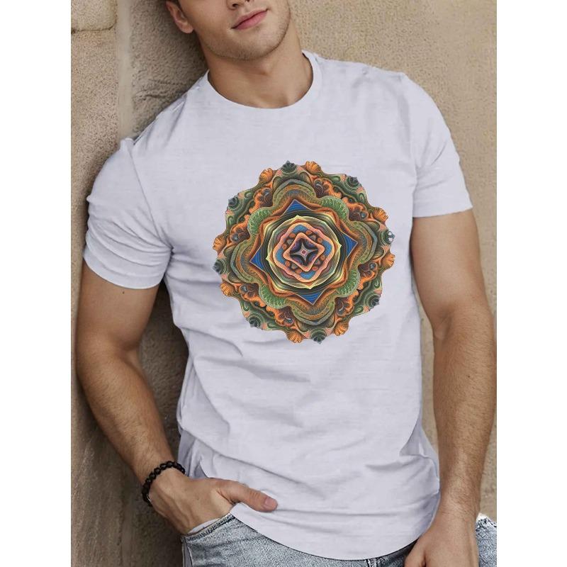 European Size [Polyester Graphic Tee] Breathable Polyester Men's Graphic Tee - Psychedelic Mandala Casual Short Sleeve T-Shirt, Summer Fashion Top