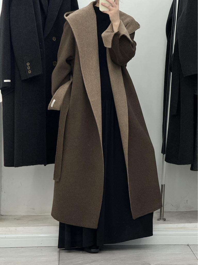 Cloud Floss Women's Double-Faced Wool Coat: Tie-Waist Hooded, Large Lapel, Loose Fit, Thickened Temperament Overcoat.