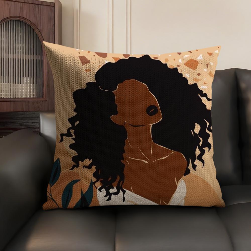 African Women Cushion Cover Natural Linen Organic Fabric Double-Sided Printing Sofa Home Decor Gift Pillow Case