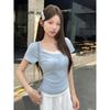 Small Front Shoulder Slim-fitting Spice Girl Top Summer New U-neck Fake Two Short-sleeved Niche Thin T-shirt Women