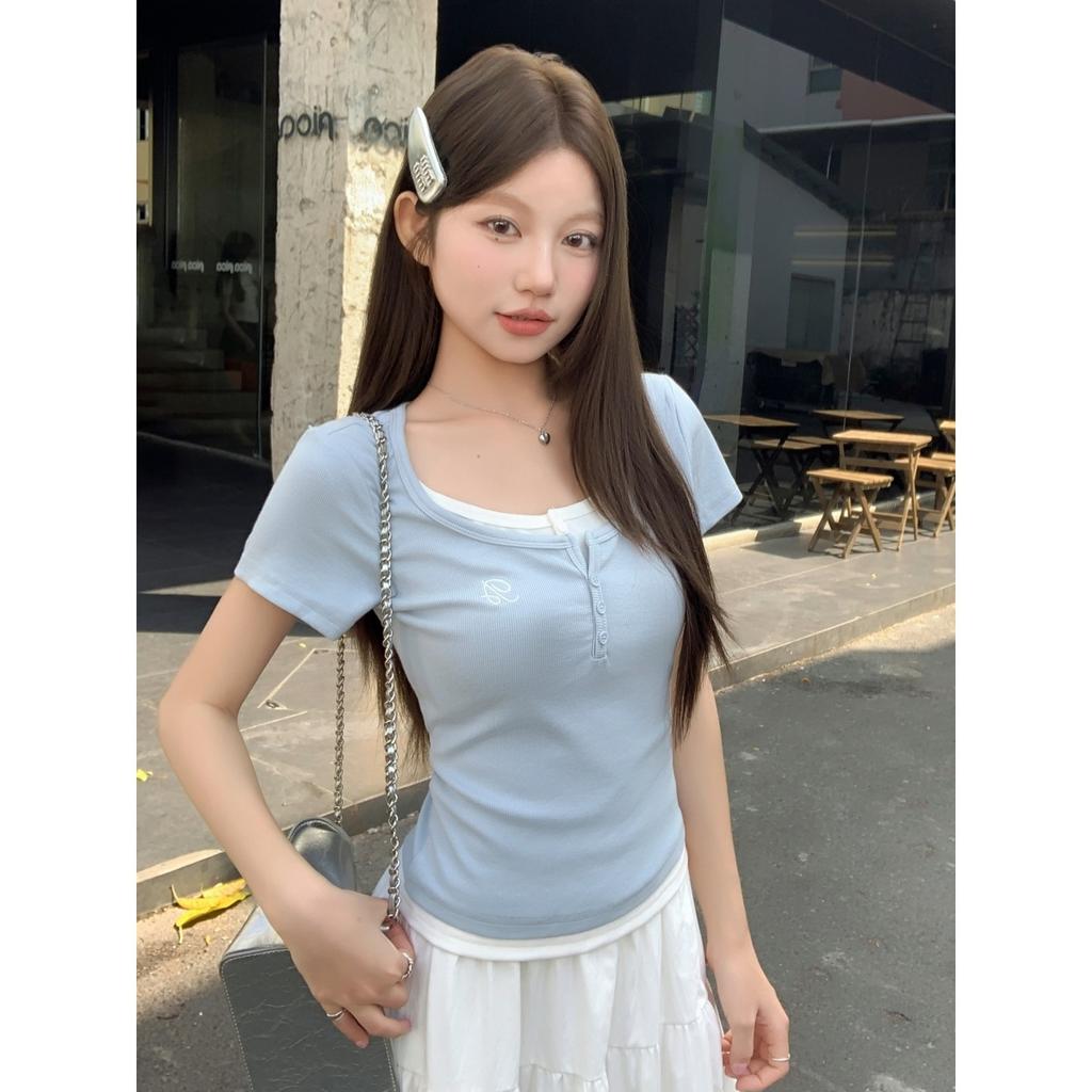 Small Front Shoulder Slim-fitting Spice Girl Top Summer New U-neck Fake Two Short-sleeved Niche Thin T-shirt Women