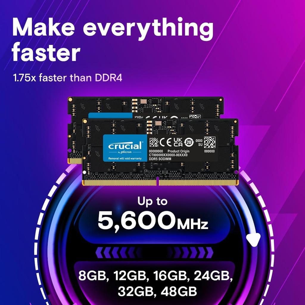 Crucial 32GB X DDR5 CL40 SODIMM Laptop Memory Authorized Japanese Distributor (2 16GB) 4800MT/s (PC5-38400) 262-pin Upgrade, CT2K16G48C40S5,