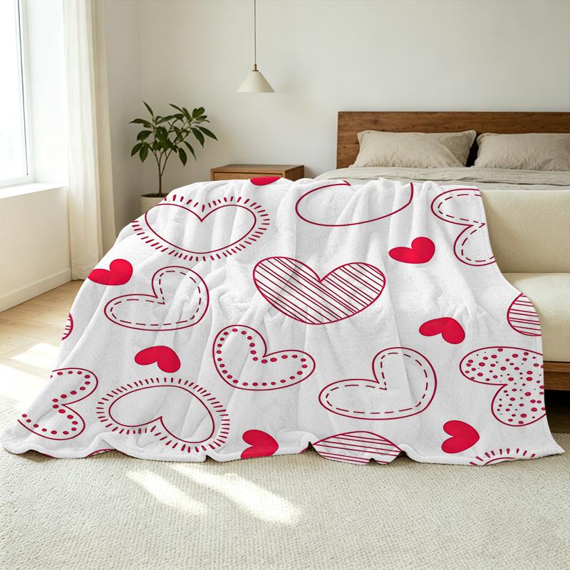 Flannel Fleece Blanket Soft Breathable Heart Pattern, Cozy All Season Home Office Blanket, Valentines Day Gift