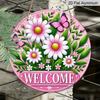 2D Flach, 1 Stück Charmantes Rosa Gänseblümchen & Schmetterling Willkommensschild - Runde Aluminium Türdekoration mit Lebendigem Blumendesign, Perfekt für Haus- & Garteneingang