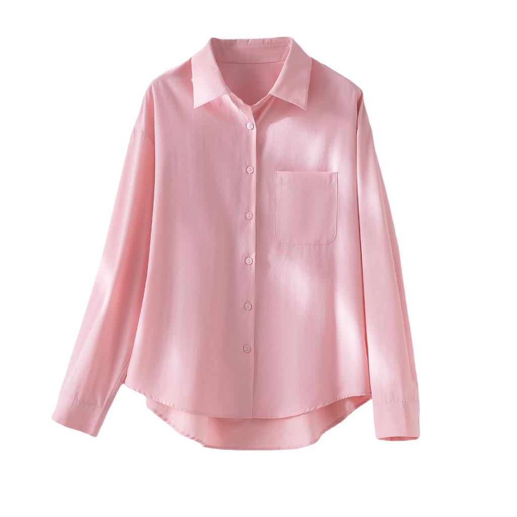 Spring 2026 Women's Versatile Long Sleeve Lapel Shirt - Front Short, Back Long, Loose Fit, Solid Color