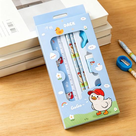 6Pcs/Set Stationery Set Cartoon Design Complete School Supplies with Pencil Eraser Ruler Back To School Stationery Kit