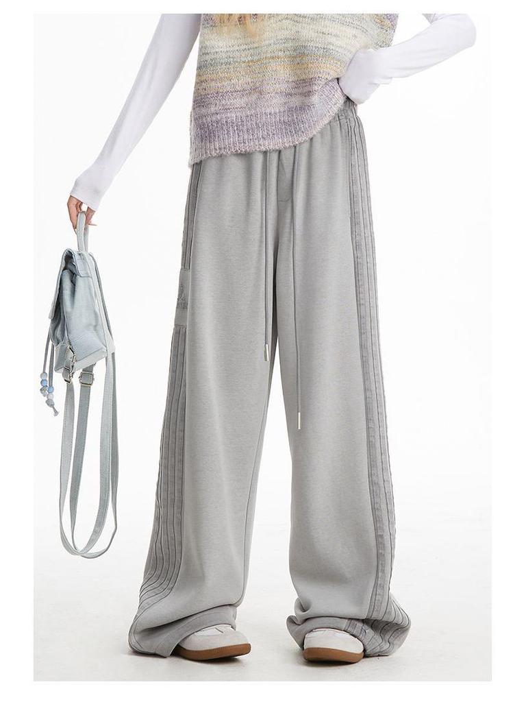 Striped Retro Pink Wide-Leg Sweatpants - Women's Jazz Dance, 300g Cotton Blend with Edging