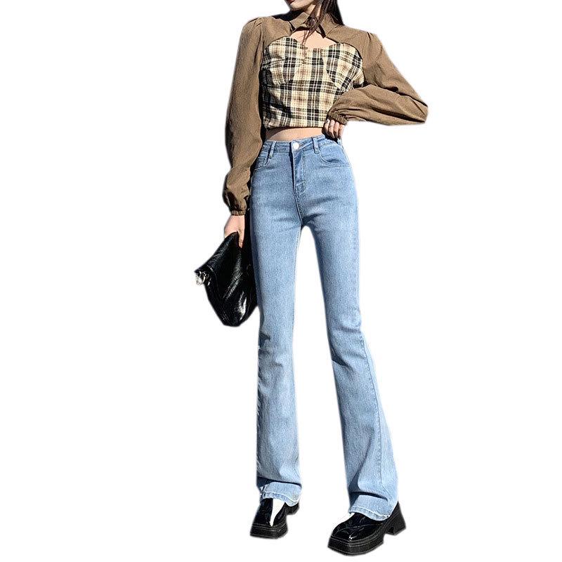 Women's Korean Style High Waist Light Wash Elastic Micro-Flare Jeans