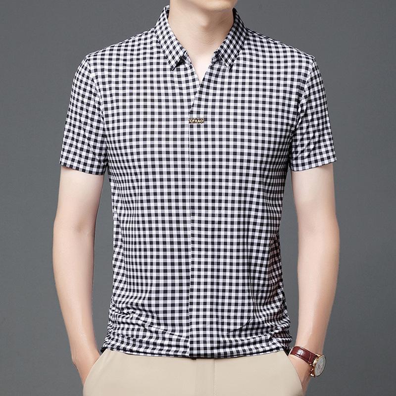 

Новая бесшовная не требующая глажки клетчатая рубашка поло с короткими рукавами мужская летняя повседневная мужская футболка с лацканами M