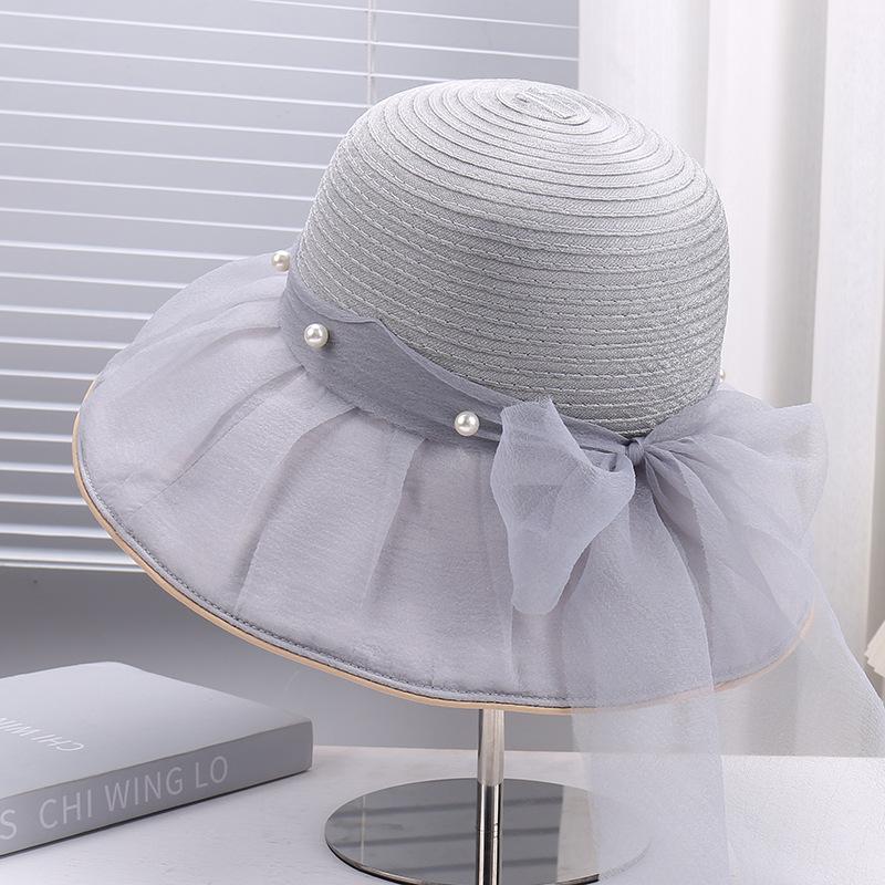 New lace mesh pearl decoration breathable comfortable bucket hat outdoor travel versatile elegant sun hat