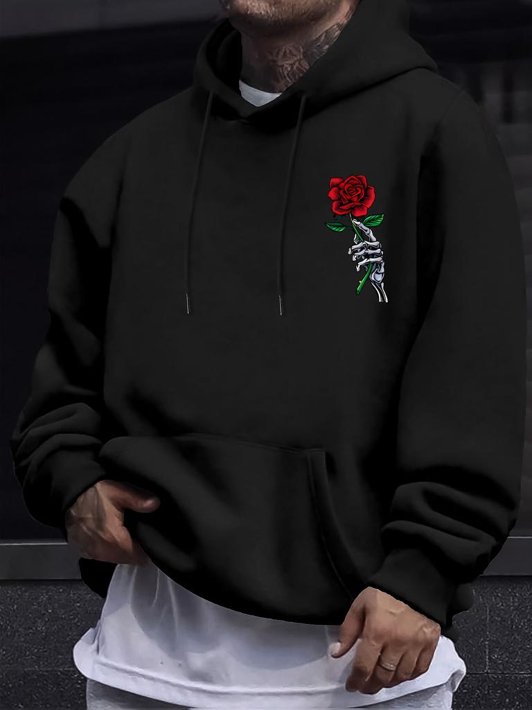 Men's Fashion Casual Streetwear for Autumn and Winter, Featuring A Warm Fleece Hoodie with A Rose Print and A Drawstring Hood.