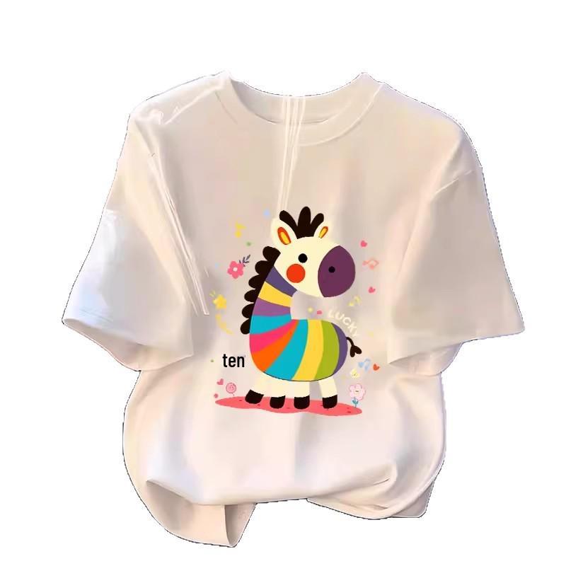 Women's Red Cartoon Pony Print Loose Cotton T-shirt, Short Sleeve, Round Neck, 2026 New Style, Zodiac Horse Year Edition