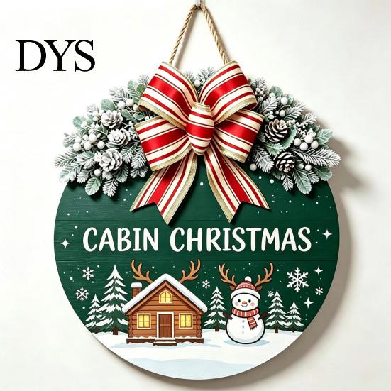 Winter Atmosphere Decor Christmas Wooden Welcome Sign for Front Door, Round Hanging Ornament with Santa Claus Snowman Art Artificial Pine Branches