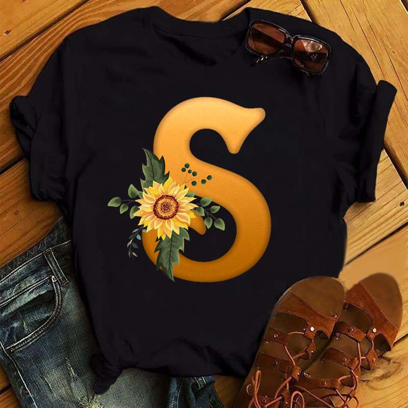 Maycaur Women's T Shirt Custom Name Letter Combination Print Tshirt Sunflower Letter Font A B C D E F G Short Sleeve Ladies Tops