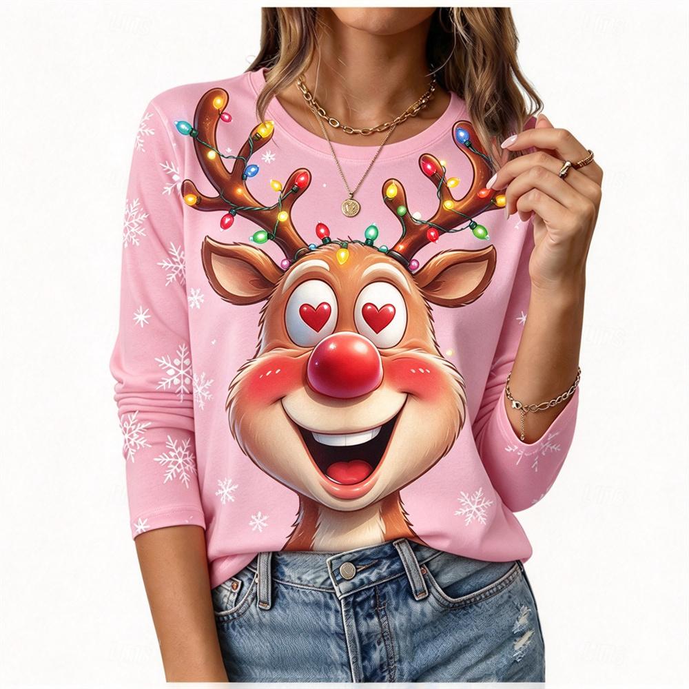 Funny Elk T-shirt Autumn/Winter Women's Christmas Long sleeved T-shirt Cotton Women Christmas Holiday Party Graphic T-shirt Tops