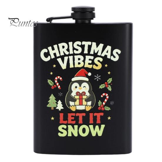 Festive Patterned Drinking Cup Beer Barrel Flask, 8oz Stainless Steel Oil Drum Shaped Flask with Small Gift for Christmas Prints Outdoor Camping Party