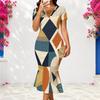 Women Plus Size V Neck Short Sleeve Geometric Printed Fitted Fishtail Dress