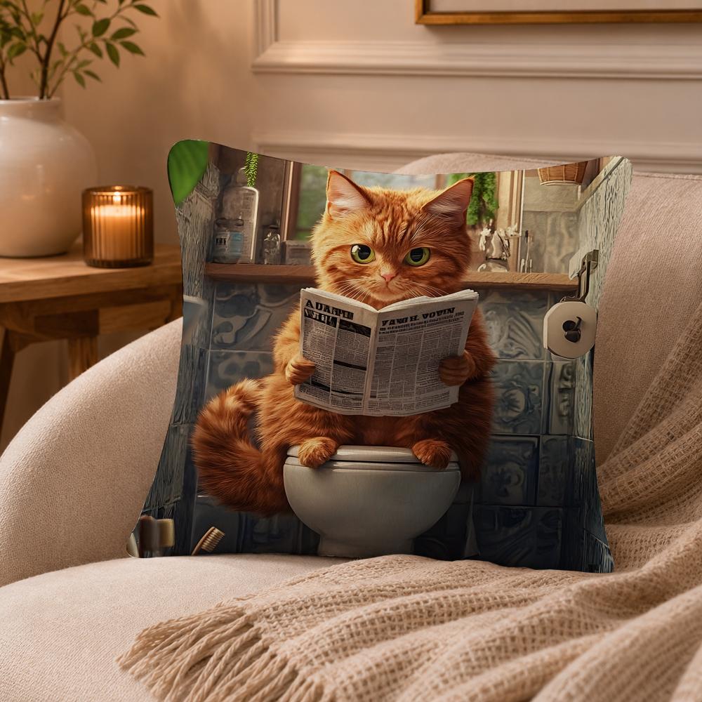 Bathroom Cat Reading On Toilet Cushion Cover Anti-dustmite Pillowcase Invisible zipper silky short plush Sofa cushion cover