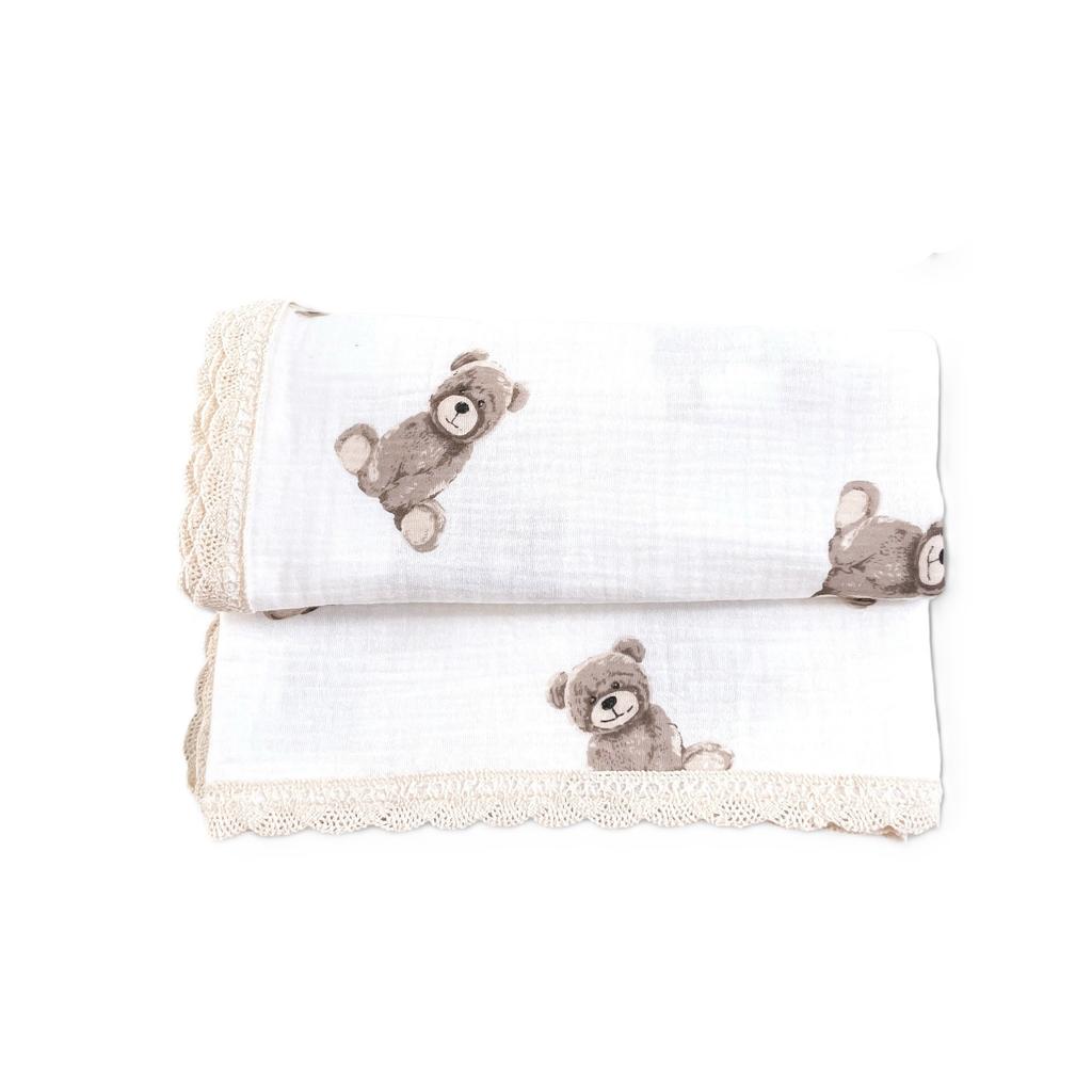 MUSLIN BLANKET 100X75 WITH LACE Bear