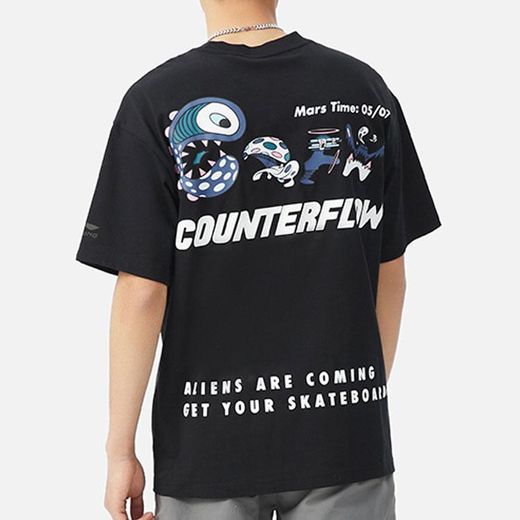 Li-Ning Sports Life Series Cartoon Animal Alphabet Print Casual Round Neck Short Sleeve T-Shirt Unisex Tops Black AHSSA57-2