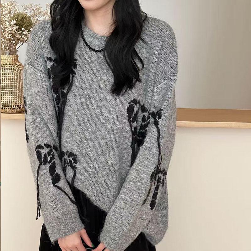 2025 Autumn/Winter Women's Loose Knit Bow Sweater with Round Neck