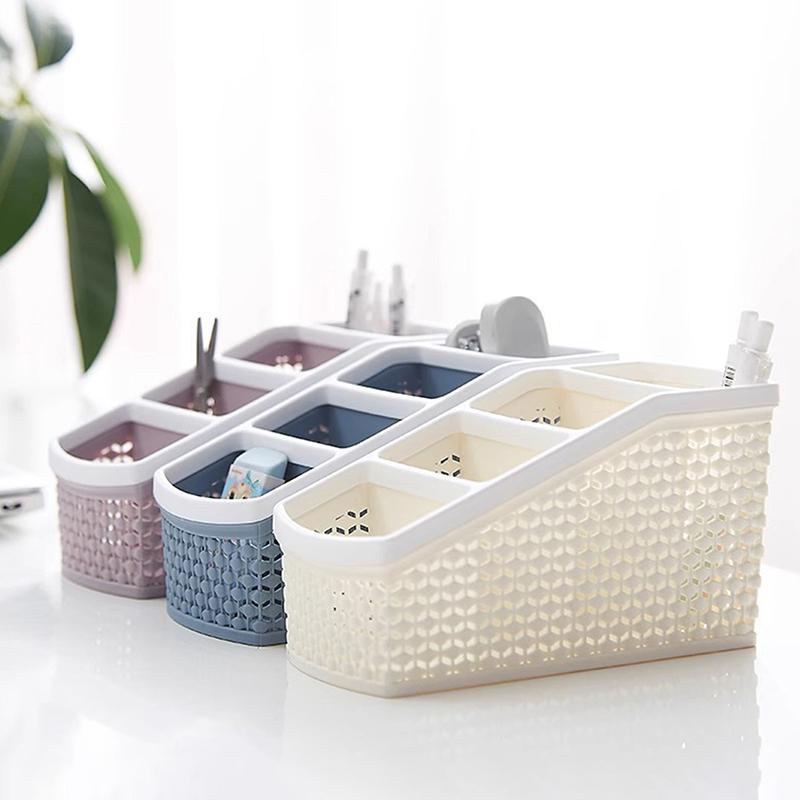 Morandi Style Plastic Desktop Organizer With 4 Compartments - A Roomy Hollow Storage Box For Cosmetics, Office Items