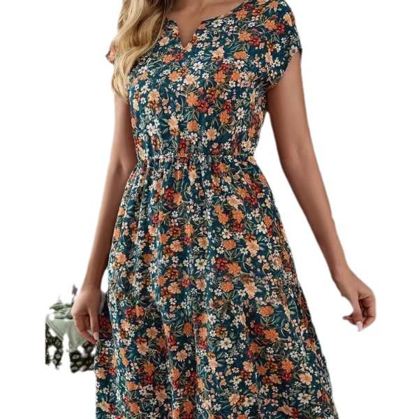 2024 Dámské elegantní šaty s V-výstřihem, krátkým rukávem a potiskem, s elastickým pasem