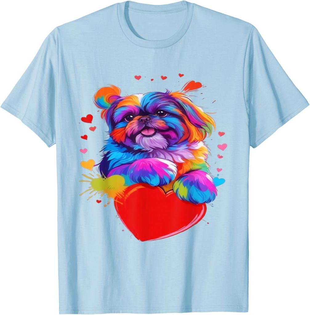 Colorful Shih Tzu Heart Graphic T-Shirt Cute Dog Lover Casual Short Sleeve Tee