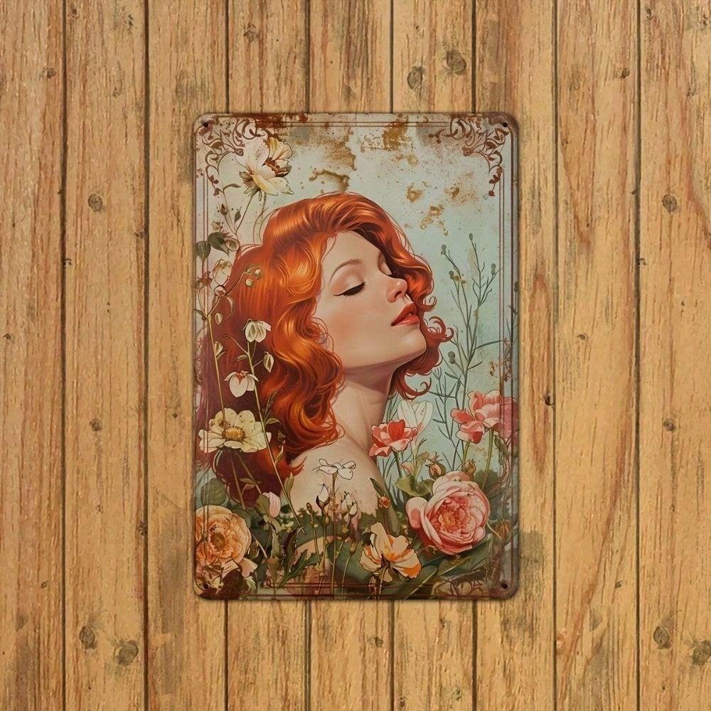 Vintage Floral Metal Poster, Redhead Girl Engraving 8x12 Inch for Living Room