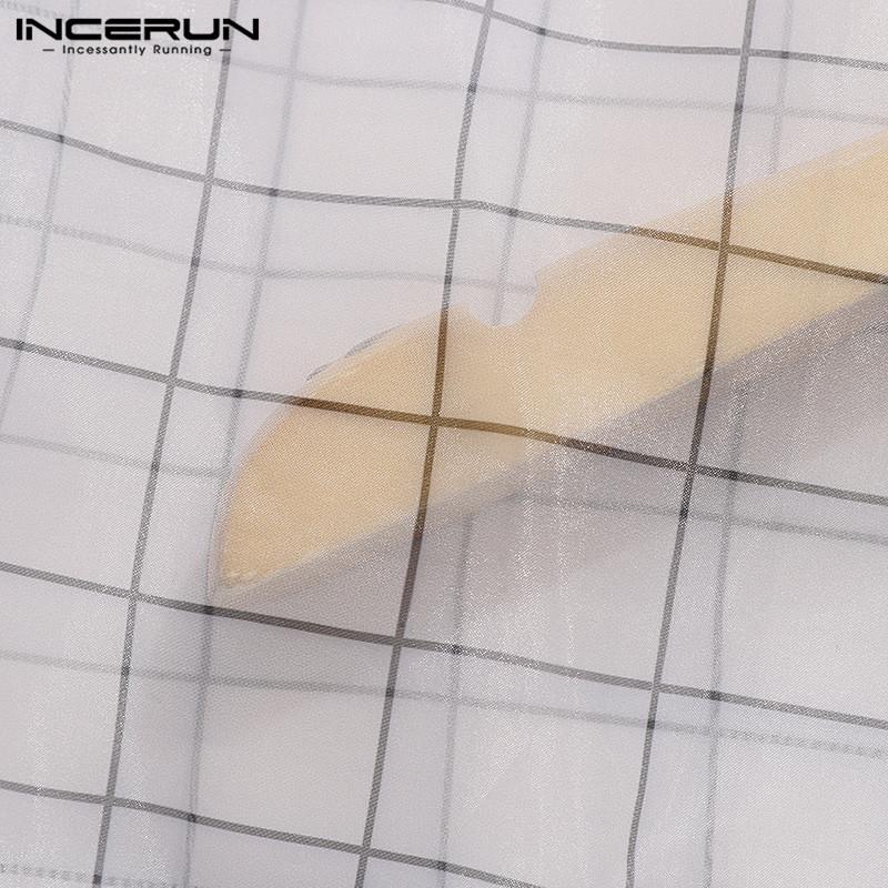 INCERUN Summer Mens See Through Baggy Short Sleeve Tops Up Plaid Shirts