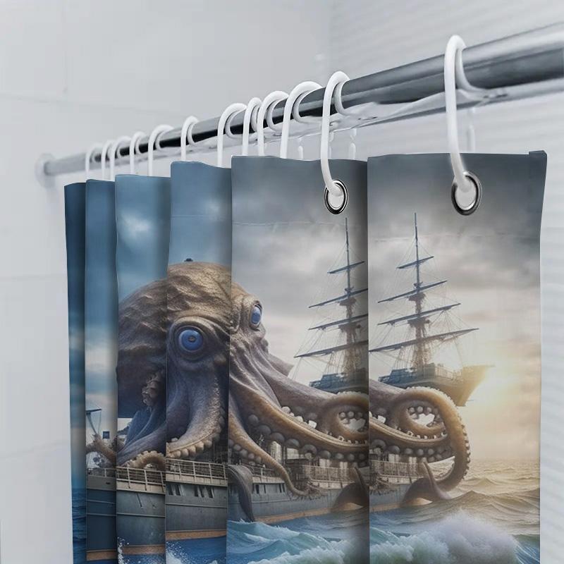 Underwater Adventure Shower Curtain Octopus Attack Design Blue Ocean Waves Decor Bathroom Fabric Waterproof For Kids Adults Bath