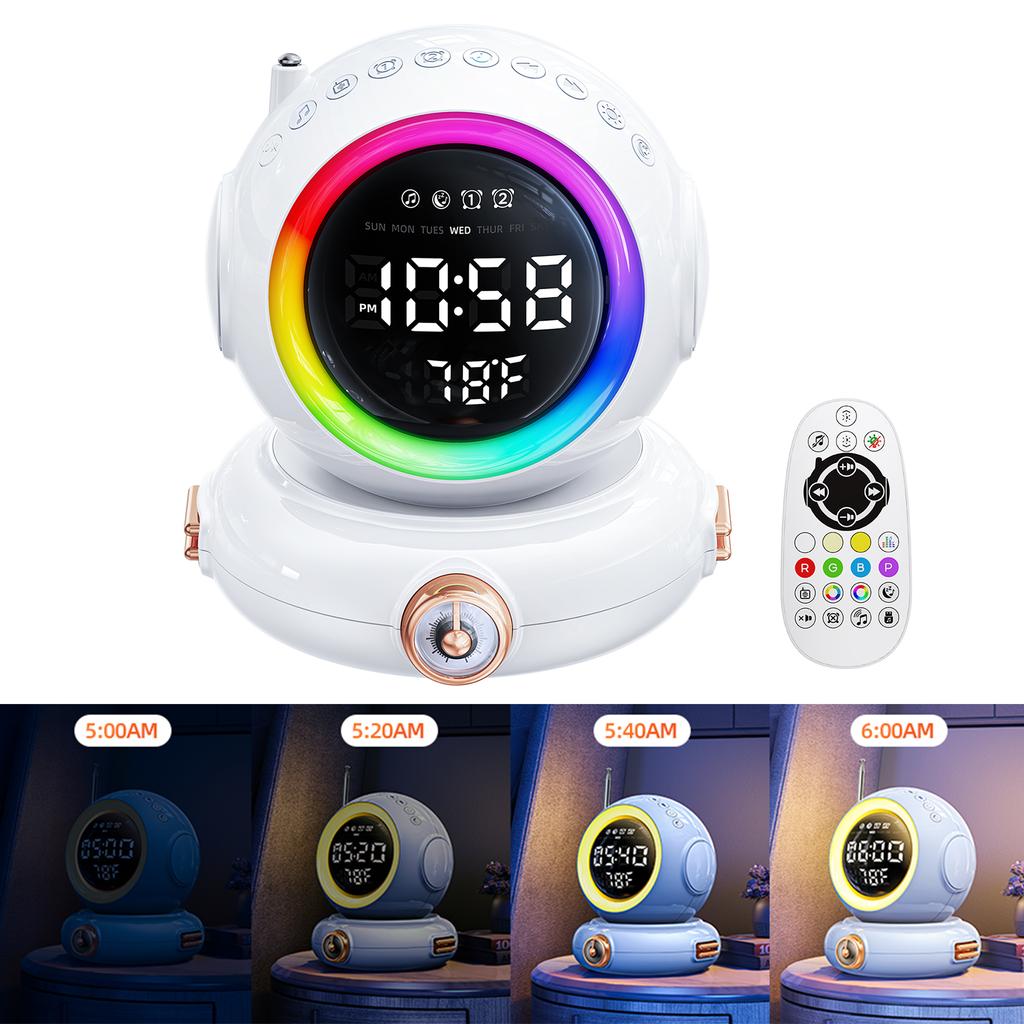 Ceas deșteptător cu lumină de trezire la distanță cu simulare de răsărit astronaut alarme duble difuzor fără fir Radio FM lumină de noapte lampă de noptieră