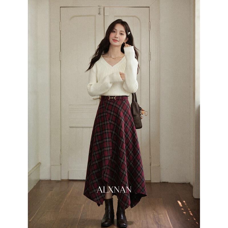 Luxiangnan Vintage Plaid Irregular A-Line Skirt