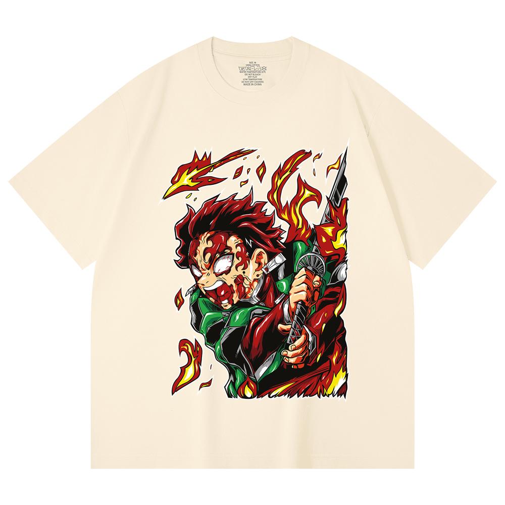 230 Gsm 100% Cotton Demon Slayer V101 Tanjiro Print Unisex Heavy Cotton T Shirt