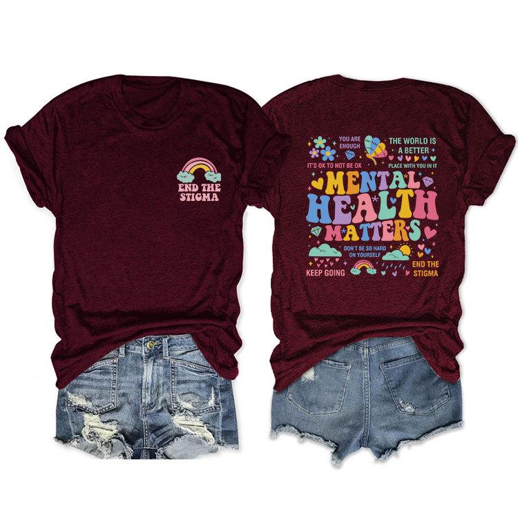 Summer Loose Crewneck Tshirt Unisextal Health Matters End the Stigma Printed Fashion Casual Shortsleeved Top with Womens Pullov