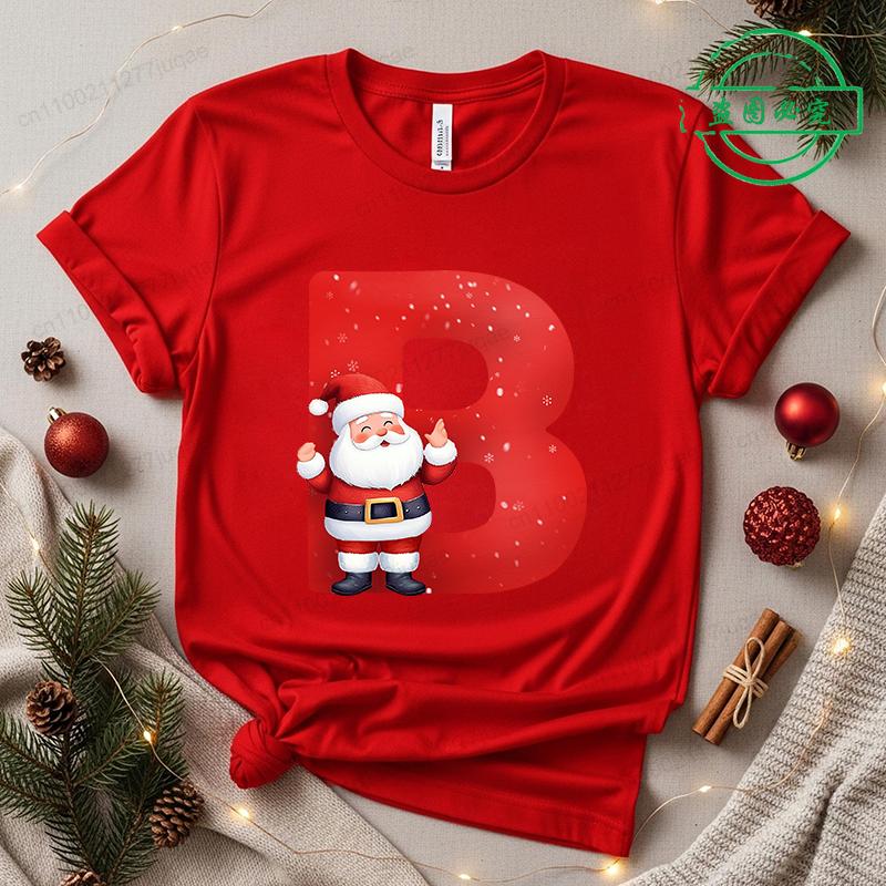 Christmas SantaAlphabet Letter Print T-shirt Short Sleeve Crew Neck Casual Top Kids Festive Holiday Women's Clothing Top