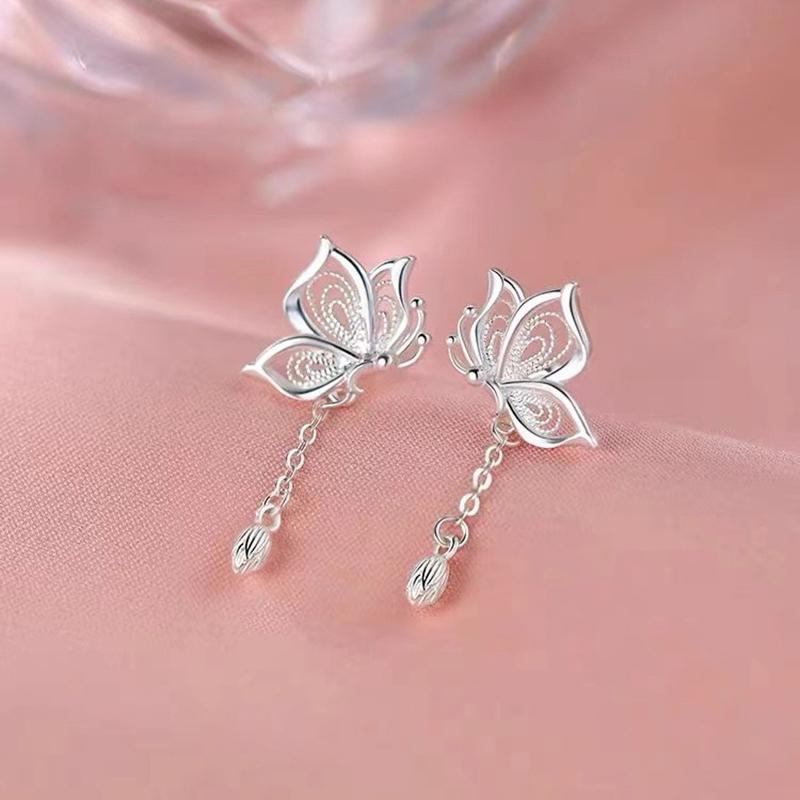 

ANENJERY Silver Color Butterfly Tassels Earrings for Women Fashion Sweet Korean Luxury Design Jewelry Gifts Wholesale серебряный