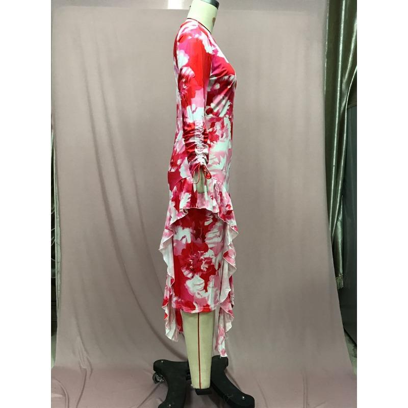 Women's Summer Commuter Printed Ruffle Hip Wrap Dress
