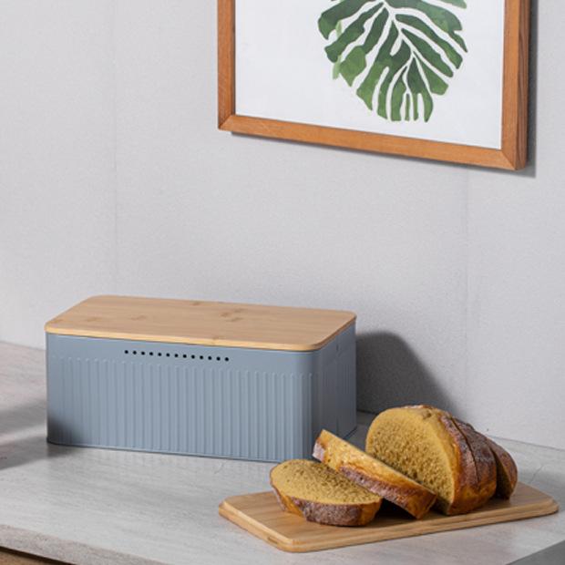 

Household baking grey storage box kitchen breathable metal storage jar square striped bamboo cover bread box
