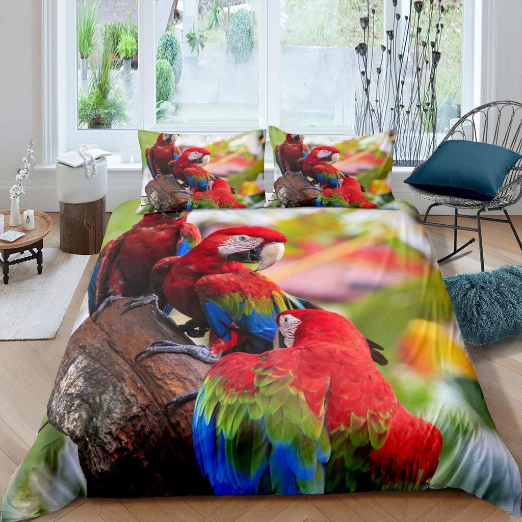 Parrot King Queen Duvet Cover Colourful Feather Bedding Set Rain Trees Bird Quilt Cover Sunset Mountain Natural Comforter Cover