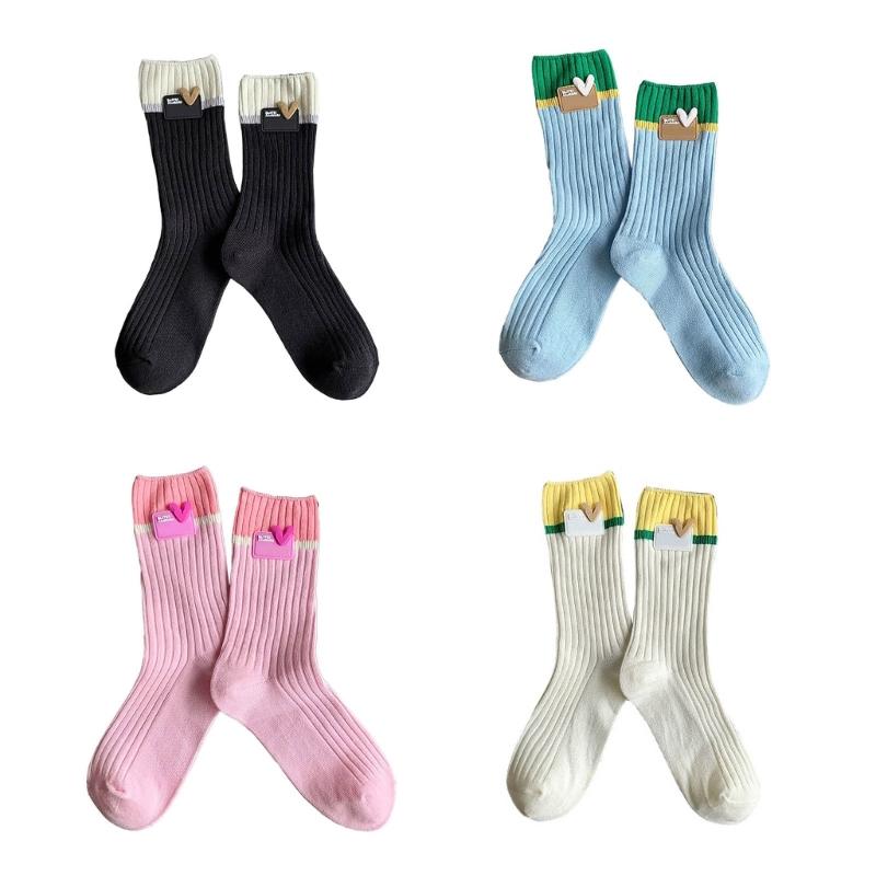 Japanese Style Women Y2K Girl Cotton Crew Socks Harajuku Sweet Love Label Colorblock Ribbed Knit Middle Tube Calf Socks