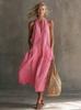 2026 Spring Women Halter V-Neck Midi Dress Loose Casual Solid Color Vacation Dress With Pockets