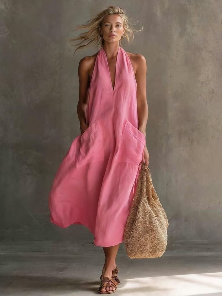 2026 Spring Women Halter V-Neck Midi Dress Loose Casual Solid Color Vacation Dress With Pockets
