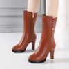 Women'S Boots Autumn Winter Fashion High Heel Round Toe Plush Soft Bottom Street Style Mid Calf Soft Leather Boots Office Mom